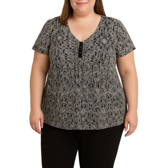 Notations Woman Plus Size 3X Black & White Floral Print Blouse With Button Detai - Picture 1 of 11